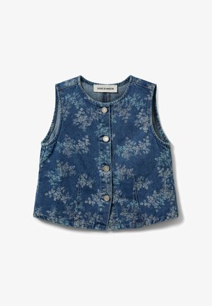 Ærmeløs blå denimvest med falmet blomsterprint, rund halsudskæring, knapper foran i metal og to forlommer.