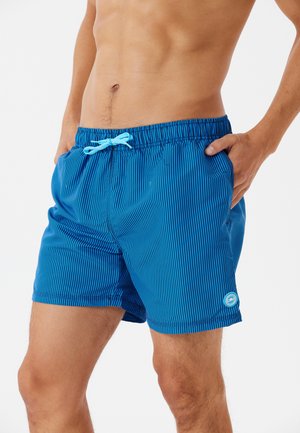 Blå randiga badshorts med resår i midjan och ljusblå snörning. Har sidofickor och en logotyp på vänster ben.