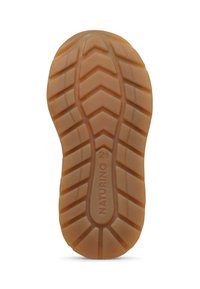 Suela de zapato de goma con un patrón de dibujo en zigzag, de color marrón claro y texto en relieve "NATURINO 21" para agarre y durabilidad.