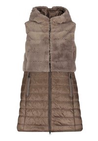 Brun väst med övre sektion av konstpäls och quiltad nedre sektion. Har dragkedjeslutning och två sidofickor med dragkedjedetaljer.