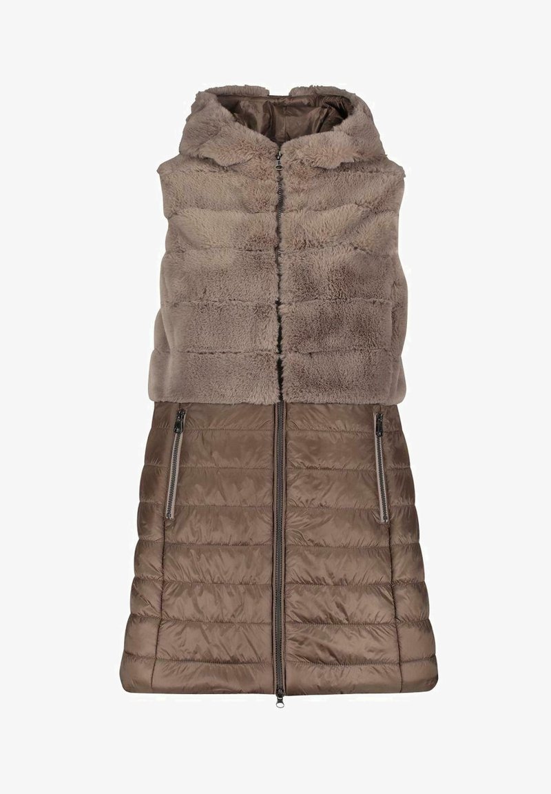 Brun väst med övre sektion av konstpäls och quiltad nedre sektion. Har dragkedjeslutning och två sidofickor med dragkedjedetaljer.