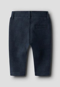 Marineblau karierte Shorts aus strukturiertem Stoff, mit flacher Vorderseite, zwei Gesäßtaschen und einem eleganten, maßgeschneiderten Schnitt.