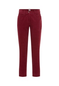 Bordeauxkleurige corduroy broek met een slim fit, voorzien van twee zijzakken, een knoopsluiting en een gestructureerde oppervlakte.