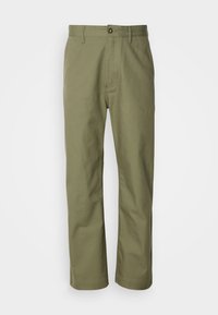 Olive green cotton trousers with a straight leg design, button closure, and flat front. Smooth texture, no patterns or accents observed.