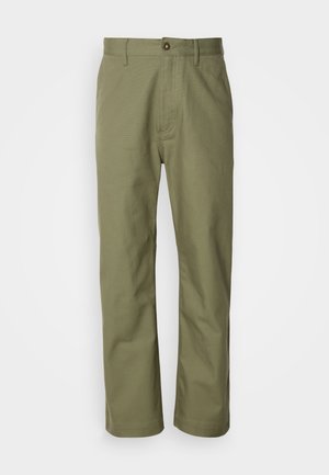 Olive green cotton trousers with a straight leg design, button closure, and flat front. Smooth texture, no patterns or accents observed.