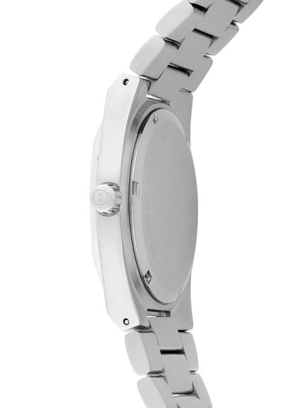 Silver stainless steel watch with a brushed finish, round case, and metal link bracelet. Features a crown and enclosed back.