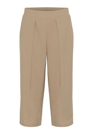 Bež hlače s skrajšanjem in gladko teksturo, z zgornjimi pregibi in elastičnim pasom za udobje. Brez žepov ali vidne opreme.