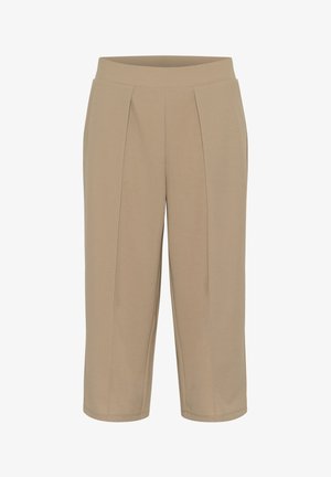 Bež hlače s skrajšanjem in gladko teksturo, z zgornjimi pregibi in elastičnim pasom za udobje. Brez žepov ali vidne opreme.