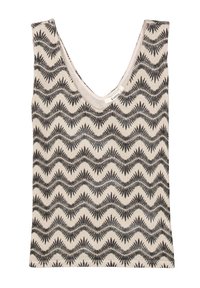 Camiseta sin mangas beige con patrón de zigzag negro, diseño de escote en V, textura acanalada y detalle de etiqueta en el interior. Corte estándar.