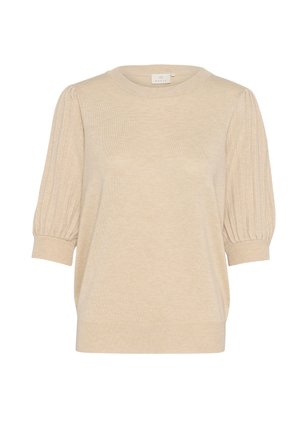 Pull en tricot beige avec un col rond, des manches courtes bouffantes présentant des côtes verticales, et une coupe décontractée. Texture douce et finition lisse.