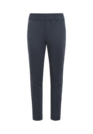 Pantalons slim fit bleu marine, longueur cheville, avec passants de ceinture et poches avant, sur fond blanc.