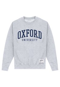 Grå sweatshirt med lange ærmer, der har "OXFORD UNIVERSITY" i marineblå buet tekst på forsiden og et lille mærke på sømmen.