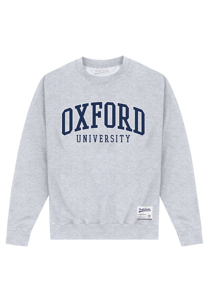 Grå sweatshirt med lange ærmer, der har "OXFORD UNIVERSITY" i marineblå buet tekst på forsiden og et lille mærke på sømmen.
