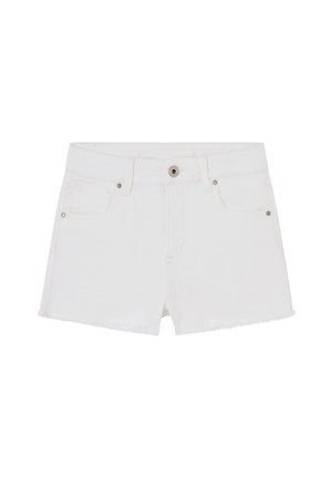 Białe szorty jeansowe z postrzępionym brzegu, wyposażone w dwie przednie kieszenie i zapięcie na guzik w talii. Gładka faktura i klasyczny krój.