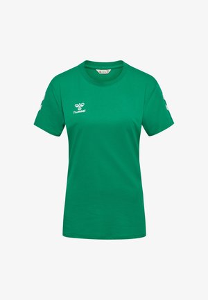 Zielona bawełniana koszulka z okrągłym dekoltem, krótkimi rękawami, białym logo na piersi oraz wzorzystymi akcentami na rękawach.