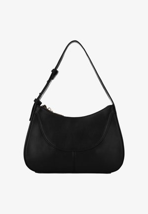 Czarna skórzana torebka o zaokrąglonym kształcie, z pojedynczym regulowanym paskiem, zamkiem błyskawicznym oraz detalem w postaci przedniego szwu. Gładka i elegancka tekstura.