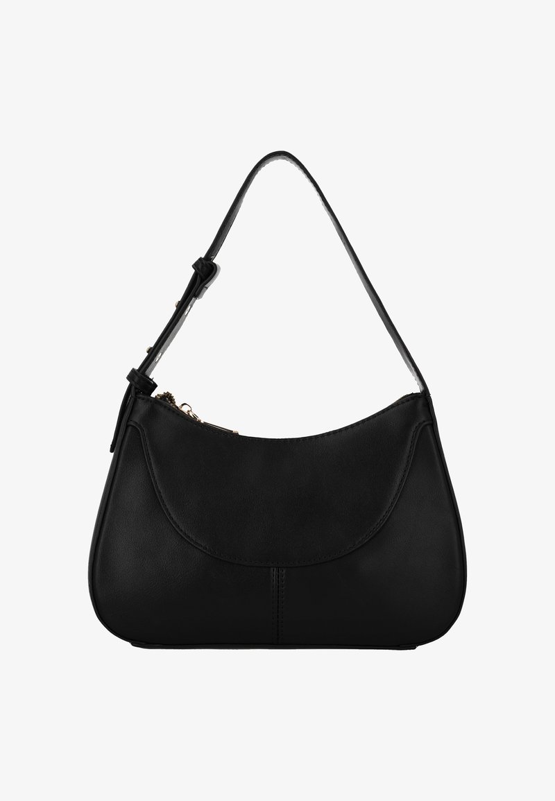 Schwarze Lederhandtasche mit abgerundeter Form, einem verstellbaren Riemen, Reißverschluss und einer Nahtdetail auf der Vorderseite. Schlanke und glatte Textur.