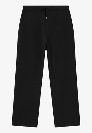 Pantaloni neri a gamba larga con fascia elastica in vita e cordoncino con estremità in metallo dorato, mostrati su uno sfondo neutro.