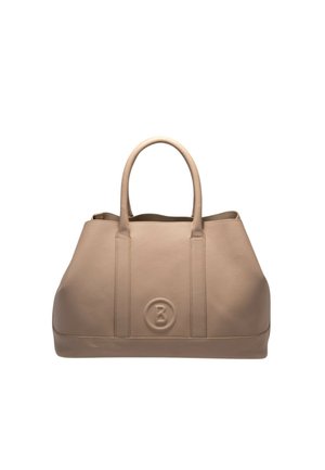 Beżowa skórzana torba na ramię z dwoma uchwytami i tłoczonym okrągłym logo z literą B na przednim środku.
