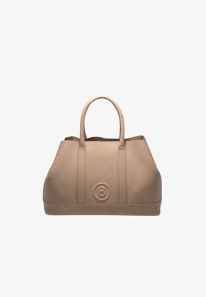 Béžová kožená kabelka typu tote se dvěma uchy a vyraženým kulatým logem s písmenem B uprostřed přední straně.