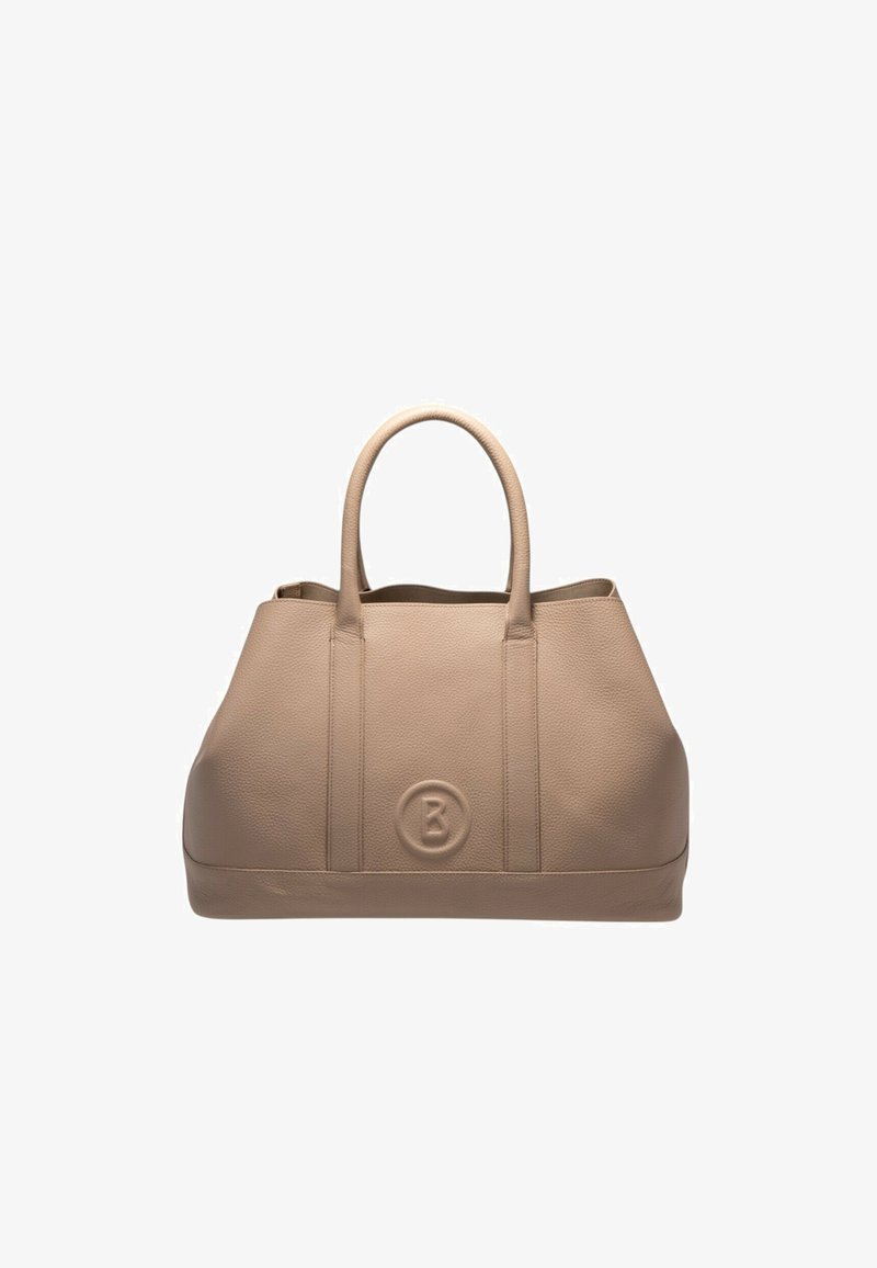 Beżowa skórzana torba na ramię z dwoma uchwytami i tłoczonym okrągłym logo z literą B na przednim środku.