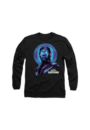Black long-sleeve shirt featuring a graphic of a character with blue glowing eyes, surrounded by a blue circular design, and "Ant-Man and the Wasp: Quantumania" text.