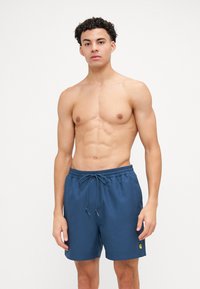 Marineblaue Badeshorts aus leichtem Stoff, mit einem elastischen Bund und Kordelzug sowie einem kleinen Logo-Detail am Bein.
