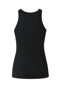Top in stile tank black a costine con scollatura rotonda e spalline larghe. Presenta un design aderente e finitura pulita sull'orlo. Logo in evidenza sul retro.