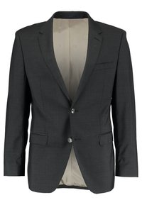 Blazer grigio scuro con rever a Punta, chiusura a due bottoni e due tasche frontali. Foderato con un tessuto beige chiaro che presenta un motivo delicato.