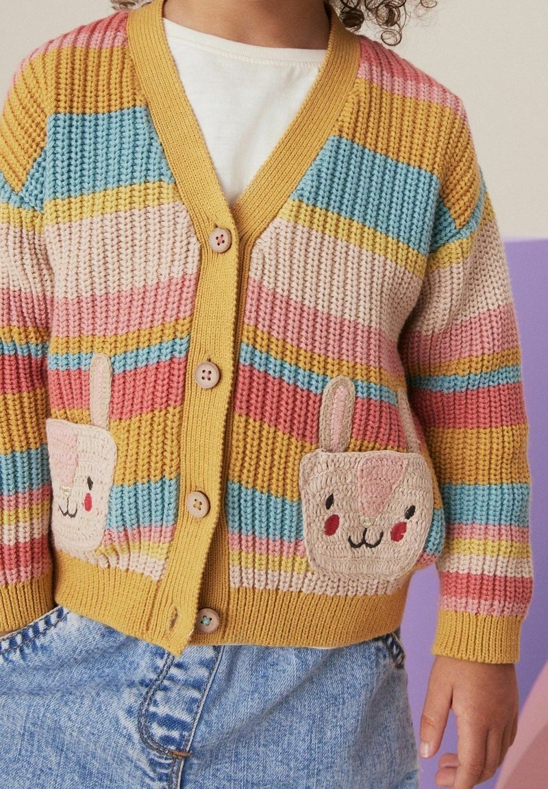 Enfant portant un cardigan tricoté rayé coloré avec des poches en forme de visage d’animal et un jean bleu en denim, debout devant un fond clair.