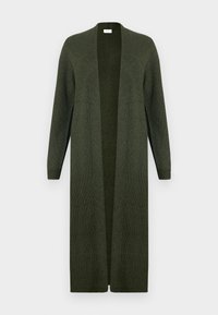 Lang olivgrønn cardigan med ribbestruktur, åpen foran og lange ermer. Enkel, udekorerte design, egnet for lag-på-lag styling.