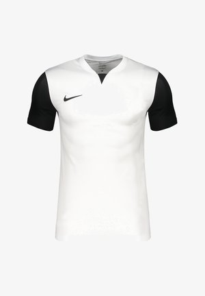 Nike Sporttrikot mit weißem Körper und schwarzen kurzen Ärmeln, gerippter Kragen und Logo auf der Brust. Glattes Gewebe und taillierte Passform.