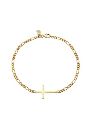 Guldhalskædearmbånd med et vandret kors som midterstykke og en hummerlås lukning på en hvid baggrund.