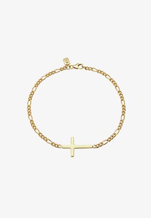 Goldkettchen-Armband mit einem horizontalen Kreuz als Mittelpunkt und einem Karabinerverschluss vor weißem Hintergrund.