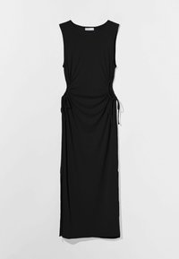 Svart ärmlös klänning med sidoruchingdetaljer och dragsnören, tillverkad av mjukt tyg, med en rak, lång silhuett.