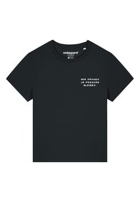 Schwarzes kurzärmliges Baumwoll-T-Shirt mit rundem Halsausschnitt. Auf der Vorderseite befindet sich weißer Text: "WIR KÖNNEN JA FREUNDE BLEIBEN."