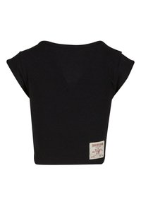 Top corto negro de canalé con mangas cortas, que presenta un escote redondeado y una etiqueta de True Religion cosida en el lateral.
