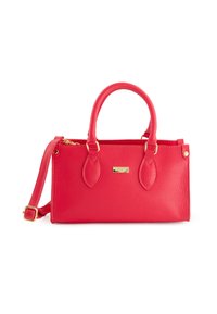 Rote Lederhandtasche mit strukturierter Oberfläche, doppelten runden Griffen, abnehmbarem Tragegurt, goldfarbenen Metalldetails und rechteckiger Form.