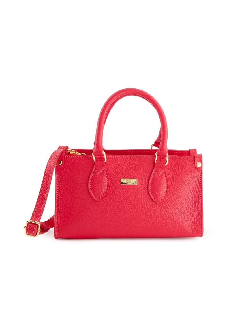 Rote Lederhandtasche mit strukturierter Oberfläche, doppelten runden Griffen, abnehmbarem Tragegurt, goldfarbenen Metalldetails und rechteckiger Form.