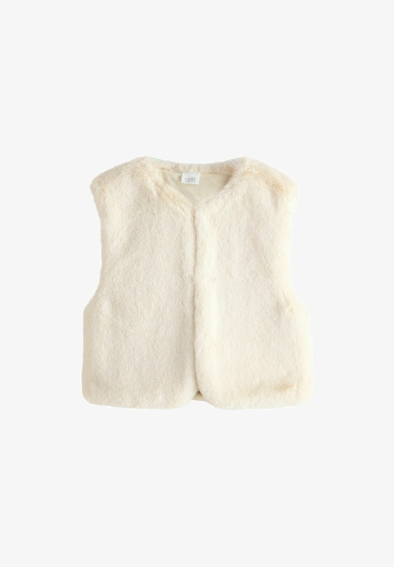 Gilet sans manches en fausse fourrure couleur crème avec un col rond et sans fermetures visibles.