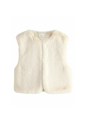 Zachte crèmekleurige faux fur mouwloze vest met een ronde halslijn en zonder zichtbare sluitingen.