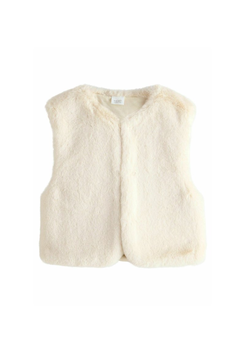 Gilet sans manches en fausse fourrure de couleur crème douce, avec un col arrondi et sans fermetures visibles.