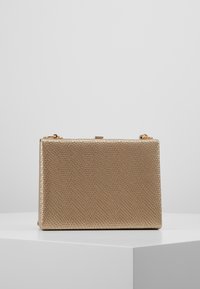 Borsa a tracolla rettangolare in oro con una superficie testurizzata che ricorda le squame, dotata di un piccolo gancio e un dettaglio hardware lungo il bordo superiore.