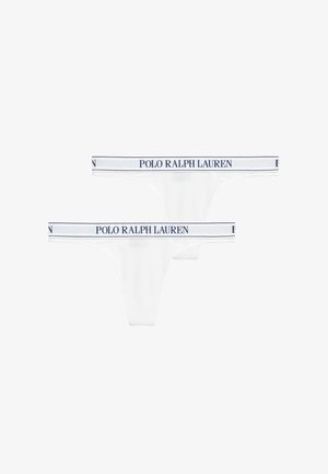 Hvide bomulds-g-strengtrusser med en linning, der har "POLO RALPH LAUREN" i marineblåt skrift. To stykker vist. Enkel design, minimalistisk silhuet.