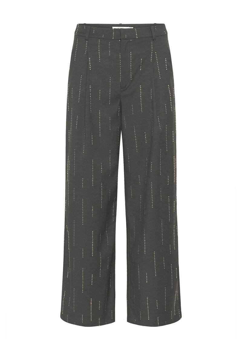 Graue weit geschnittene Hose mit einem strukturierten Muster aus vertikalen Linien und Punkten in einer helleren Farbe, mit mittelhohem Bund und klaren Vorderfalten.