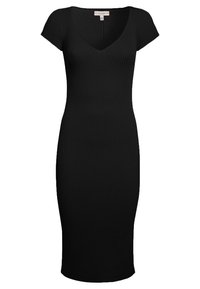 Robe noire côtelée avec une silhouette ajustée, manches courtes et encolure en V, présentant une texture lisse. Conçue pour une longueur jusqu'au genou.