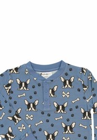 Sininen pitkähihainen paita, jossa on ranskalaisten bulldoggien, luukuvien ja tassunjälkien printti. Valmistettu pehmeästä materiaalista ja nappikauluksella.