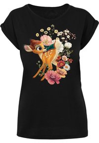 Must must tshirt, millel kujutis hirvest värviliste lillede seas, elavd detailid ja pehme tekstuur. Lühikesed varrukad ja lõdva lõikega.