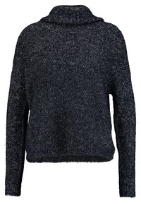 Zwarte fuzzy trui met een hoge hals, lange mouwen, een losse pasvorm en een textuurstof met subtiele zilveren draadjes doorheen.