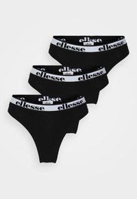 Black thong underwear set featuring elastic waistband with "ellesse" branding. Soft, stretchy fabric with a smooth texture. Three pairs displayed.